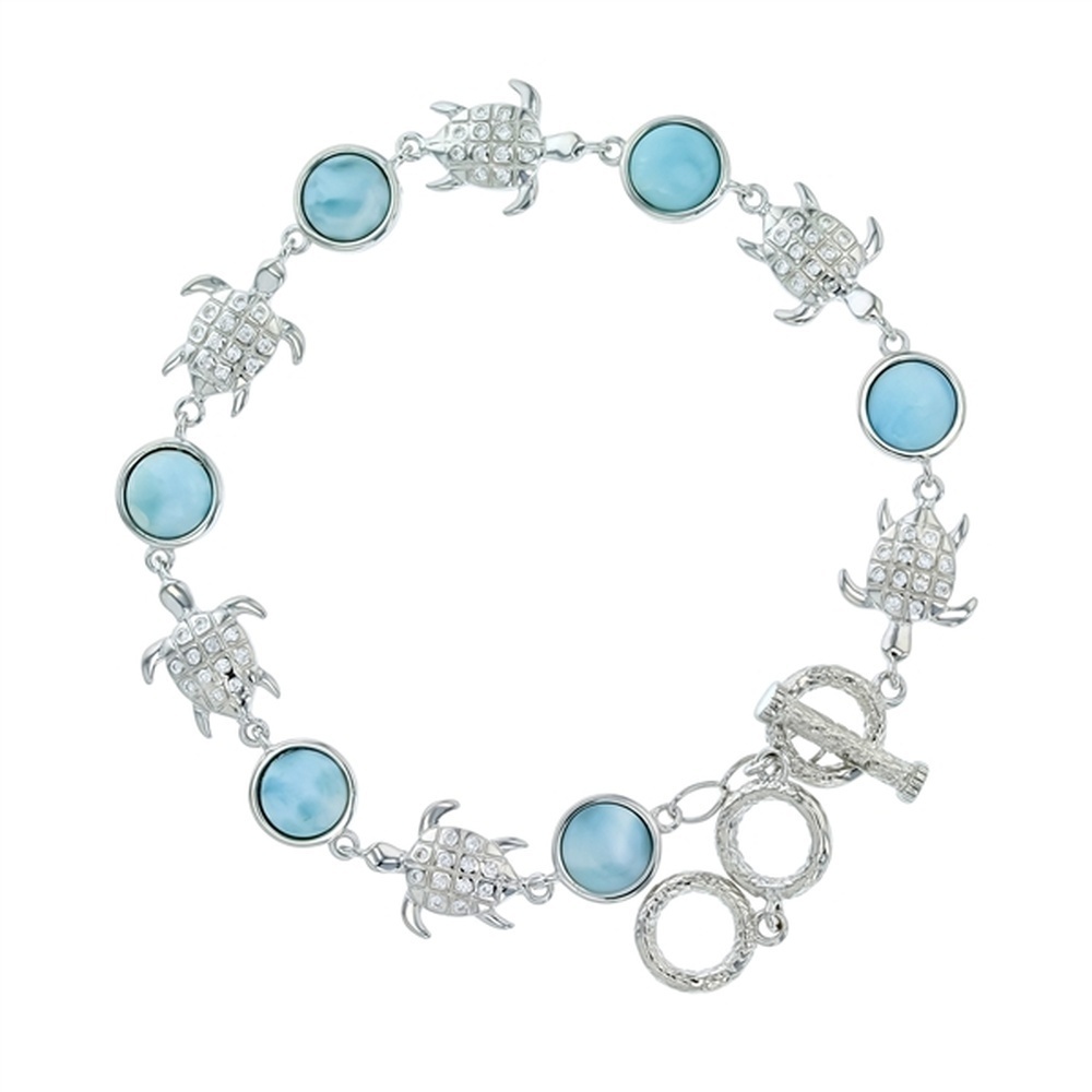 925 Sterling Silver Larimar 6 Round 7mm Sea Turtle CZ Link Toggle Bracelet 8.25"